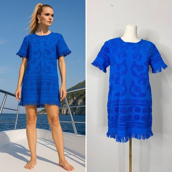 Lucy Folk Towelling Mini Dress Size S Blue Fringe Boho Preppy Vacation Resort - Picture 1 of 12